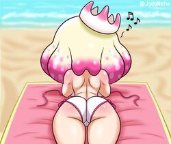 1girls ass beach crown inkling jodyinkfist laying_on_stomach nintendo pearl_(splatoon) sea solo splatoon sunbathing sunscreen swimsuit tentacle_hair topless