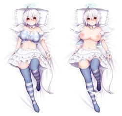 2019 absurd_res angel animal_humanoid bed_sheet bedding breasts censored clothing female genitals halo hi_res humanoid ineffective_censorship legwear looking_at_viewer lying mofuaki navel nipples not_furry pussy solo stockings underwear underwear_around_one_leg wings