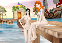 2girls 3d ayumunarumi breasts female female_only glasses_on_head nami nico_robin nude one_piece post-timeskip pussy sitting standing