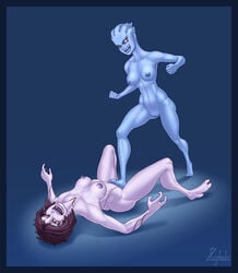 2girls 3_fingers 3_toes alien alien_girl arm_markings arm_tattoo artist_name asari bioware blue_eyes blue_eyeshadow blue_lips blue_nipples blue_skin blush breast_tattoo brown_hair catfight chest_tattoo clenched_fists eyeshadow female female_footjob female_only fit fit_female foot_on_pussy freckles hughaku laugh liara_t'soni lying_down mass_effect medium_breasts multiple_girls neck_tattoo nipples nude on_back open_mouth pain purple_eyes purple_eyeshadow purple_lips purple_nipples purple_skin pussy quarian screaming shaved_pussy short_hair simple_background slim_waist spread_legs stepped_on stepping_on_pussy tali'zorah_nar_rayya tattoo tears wince