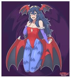 1girls animal_print bare_shoulders bat_print bat_wings blue_eyes blue_hair blush breasts capcom cleavage clothing cosplay darkstalkers embarrassed female female_only fire_emblem fire_emblem_awakening head_wings highres leotard lilith_aensland lilith_aensland_(cosplay) long_hair lucina_(fire_emblem) nintendo pantyhose print_legwear red_leotard sarukaiwolf small_breasts solo solo_female vampire_(game) wings