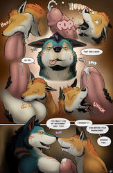 anthro ball_kissing balls big_balls big_penis bodily_fluids canid canine canis comic corrsk dialogue digital_media_(artwork) duo english_text fox fur genital_fluids genitals geordie_79 growth hand_on_penis hi_res huge_balls huge_cock humanoid_genitalia hyper hyper_genitalia hyper_penis licking male male/male mammal nude oral pecs penile penis penis_lick precum sex speech_bubble text tongue tongue_out wolf