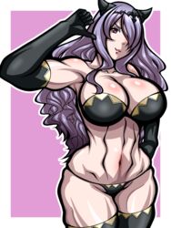 1girls bare_thighs black_panties bra camilla_(fire_emblem) confident elbow_gloves fire_emblem fire_emblem_fates gloves horns inabakun00 looking_at_viewer muscular muscular_female nintendo panties pointing pointing_at_self purple_hair smile smug solo thick_thighs thighhighs underwear very_long_hair violet_eyes wavy_hair