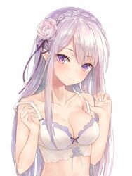 aimee_(emi) bare_shoulders blush braid breasts clavicle cleavage clothing crown_braid elf emilia_(re:zero) female flower hair_flower hair_ornament high_resolution large_breasts light_background lingerie long_hair looking_at_viewer medium_breasts pointed_ears purple_eyes re:zero_kara_hajimeru_isekai_seikatsu shiny shiny_skin silver_hair simple_background sketch solo strap_slip tagme tied_hair underwear white_background white_bra white_underwear