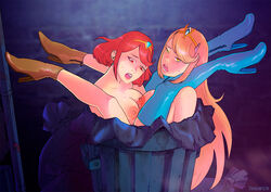 2girls big_breasts blonde_hair boots compromising_situation degradation demonfilth_(artist) garbage garbage_bags headpiece humiliation left_in_dumpster long_boots long_hair multiple_girls mythra nintendo pyra red_eyes red_hair sad_face scissoring short_hair stuck super_smash_bros. super_smash_bros._ultimate thrown_away trash trash_can xenoblade_(series) xenoblade_chronicles_2 yellow_eyes yuri