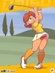 1girls belt blue_eyes breasts clothed clothing crown earrings female female_only flower_earrings footwear furboz ginger_hair glove golf golf_club golf_course golf_outfit human human_only lips mario_(series) mario_golf nintendo orange_socks panties princess_daisy red_panties revealing_panties shirt shoes shoulder_length_hair skirt socks solo solo_female tan tan_skin thick thick_thighs upskirt white_shoes white_skirt wide_hips yellow_shirt