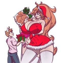 1boy 1girls amazon big_ass big_breasts blue_eyes body_pillow breasts_bigger_than_head brother_complex brown_eyes bursting_breasts christmas cleavage color color_edit eyebrows_visible_through_hair female giantess gift gift_box heart-shaped_pupils huge_breasts intimidation jack_knight_(n647) larger_female long_hair looking_down male n647 nipple_bulge nipples_visible_through_clothing orange_hair pillow rose_drake_(n647) santa_hat size_difference smile smiling sweatdrop taller_girl thick_thighs thighhighs very_long_hair voluptuous wide_hips