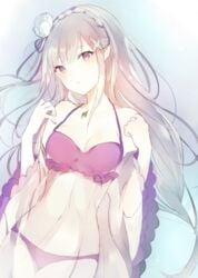 bikini blush braid breasts butterfly_hair_ornament cleavage detached_sleeves emilia_(re:zero) female flower frilled_bikini frills gem grey_hair hair_flower hair_ornament hair_ribbon hairpin hands_up jewelry long_hair looking_at_viewer lp_(hamasa00) medium_breasts navel necklace parted_lips pointed_ears purple_bikini purple_eyes purple_ribbon re:zero_kara_hajimeru_isekai_seikatsu ribbon silver_hair solo swimsuit tagme tied_hair violet_eyes