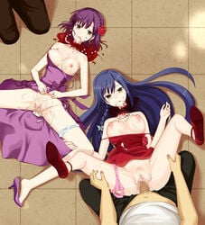 2boys 2girls blood blood_puddle blue_hair blush breasts breasts_out cleavage cum cum_in_pussy cum_inside cum_on_breasts cum_on_dress cum_on_face cum_on_hair decapitated decapitated_head decapitation dress dress_lift empty_eyes female_focus french_braid guro hair_ornament high_heels laying_down laying_on_ground legs_apart legs_held_open legs_up long_hair medium_breasts missionary_position necklace necrophilia original original_character panties panties_around_leg parted_lips pianist purple_dress purple_hair rape rape_face red_dress rose ryona severed_head short_hair slim straps tile_floor vaginal_penetration watari_laboratory yellow_eyes