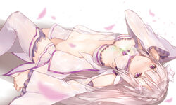 1girls 5:3_aspect_ratio bare_shoulders blurry blush bra braid breasts cleavage clothing depth_of_field dress emilia_(re:zero) female female_focus female_only flower french_braid garibee glint hair_flower hair_ornament hair_ribbon high_resolution hplay in_profile jewelry large_filesize lavender_legwear legwear lingerie long_hair looking_at_viewer looking_up medium_breasts midriff navel nopan on_back open_clothes open_shirt pendant petals pixiv_id_13244881 pointed_ears purple_eyes purple_legwear purple_ribbon re:zero_kara_hajimeru_isekai_seikatsu ribbon shirt silver_hair skirt smile solo solo_female solo_focus stomach thighhighs tied_hair torn_clothes underwear undressing very_high_resolution very_long_hair white_background white_legwear wide_sleeves