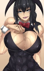 1girls abs black_eyes black_hair bunny_ears bunnysuit fake_animal_ears fit fit_female freckles imminent_sex large_breasts licking licking_lips light-skinned_female long_hair looking_at_viewer muscular muscular_female oc original original_character scar smile sweat takano_togainu_(zokosuke) wet zokusuke