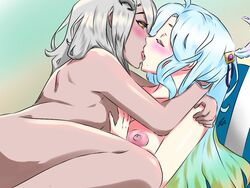 2girls bellina blue_hair cygames dark_skin dragalia_lost female_only gradient_hair hug interracial ivyrsaur_(artist) kissing large_breasts light-skinned_female light_skin long_hair lucretia_(dragalia_lost) multiple_girls nintendo nude tan-skinned_female white_hair yellow_eyes yuri