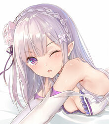 aimee_(emi) armpits bare_shoulders blush braid breasts cleavage down_blouse emilia_(re:zero) female flower gloves hair_flower hair_ornament hair_ribbon long_hair looking_at_viewer lying medium_breasts oerba_yun_fang off_shoulder one_eye_closed parted_lips pointed_ears purple_eyes re:zero_kara_hajimeru_isekai_seikatsu revision ribbon silver_hair simple_background solo strap_slip tears tied_hair white_background white_gloves