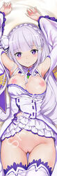 aokihoshi armpits arms_up blush braid breasts cameltoe crown_braid dress emilia_(re:zero) female flower full_body hair_flower hair_ornament large_breasts long_hair long_image looking_at_viewer lying nipples on_back pantsu pleated_dress pointed_ears purple_eyes pussy re:zero_kara_hajimeru_isekai_seikatsu sample silver_hair smile solo tagme tall_image thigh_gap thighhighs tied_hair uncensored underwear vagina white_dress white_legwear white_panties white_thighhighs white_underwear wide_sleeves