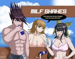 1boy 2girls alternate_breast_size beach biceps big_breasts black_fur bravebengal breasts chabashira_tenko danganronpa danganronpa_s:_ultimate_summer_camp danganronpa_v3 drinking_milk fujisaki_chihiro's_mother green_eyes lactation large_breasts momota_kaito mrs._fujisaki orange_hair purple_eyes purple_hair smooth_skin straight surprised surprised_expression