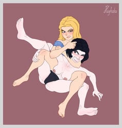 2girls alternate_version_at_source artist_name asphyxiation barefoot black_hair blonde_hair blue_eyes blush breasts brown_eyes catfight choke_hold clenched_teeth crop_top doomer_girl feet female female_only fit fit_female grimace hair_pull holding_leg hughaku long_hair medium_breasts multiple_girls nipples panties pink_lipstick restrained restrained_legs short_hair simple_background sitting slim_waist soles spread_legs topless tradwife wince wojak_comics