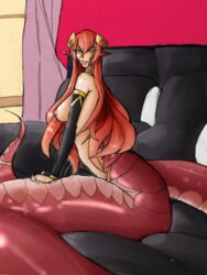 1girls bridal_gauntlets hair_ornament hairclip lamia large_breasts light_skin looking_at_viewer miia's_mother_(monster_musume) miia_(monster_musume) monster_girl monster_musume_no_iru_nichijou naga nude red_hair red_scales sillydraggo slit_pupils smile sofa topless yellow_eyes