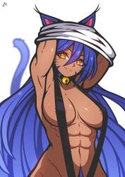 abs animal_ears bacon_strips_(artist) bell_collar blue_fur blue_hair cat_ears cat_tail catgirl choker claws collar dark_skin fit fit_female kemonomimi large_breasts looking_at_viewer muscles muscular muscular_female oc original original_character paws ryuka sling_bikini smile undressing whiskers wickedraiden yellow_eyes