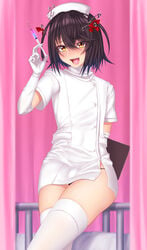 1boy 1femboy black_panties blushing blushing_at_viewer book brown_hair bulge crossdresser crossdressing crossdressing_male elbow_gloves fangs femboy femboy_nurse feminine_male flat_chest flat_chested girly gloves hair_ornament holding_book holding_object horny injection karasu_(jjwh2832) light-skinned_femboy light-skinned_male male_only mashiro_(nijisanji) mashiro_meme medical_syringe nijisanji nurse nurse_uniform panty_bulge panty_peek ribbon ribbons short_hair short_sleeves solo syringe thick_thighs thighhighs tongue tongue_out trap virtual_youtuber white_legwear yellow_eyes