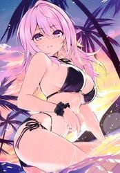 bikini breasts clothing cu-no earrings female high_resolution hisen_kaede jewelry large_filesize long_hair medium_breasts navel o-ring o-ring_bikini open_mouth parted_lips pink_hair purple_eyes scan simple_background smile solo stomach sunset swimsuit tagme very_high_resolution