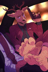 3rdharleyjoe 5_fingers 5_toes anthro antlers backseat barefoot beastars belt bottomwear car cervid clothed clothing distracting_watermark dreamworks_face duo eyebrows feet fingers foot_fetish foot_focus foot_play footjob genitals gun hi_res horn humanoid humanoid_feet humanoid_genitalia humanoid_penis ibuki_(beastars) inside_car looking_at_another louis_(beastars) male male/male male_only mammal necktie no_seatbelt open_bottomwear open_clothing open_pants pants penis raised_eyebrow ranged_weapon red_suit sex soles suit toes unknown_species vehicle watermark weapon