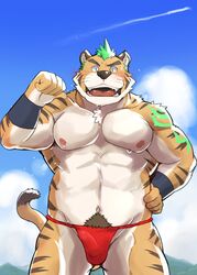 2021 anthro asian_clothing blush bulge clothing east_asian_clothing felid fundoshi furry genital_outline hi_res humanoid_hands japanese_clothing kemono male mammal muscular muscular_male nipples outside pantherine penis_outline red_clothing red_fundoshi red_underwear shiike999 solo solo_male tiger underwear