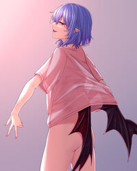 1girls ass bat_wings blue_hair bottomless fangs female_only looking_at_viewer looking_back monster_girl no_panties pointy_ears red_eyes remilia_scarlet see-through see-through_clothing see-through_silhouette short_hair smile sultry_eyes touhou vampire zeramu