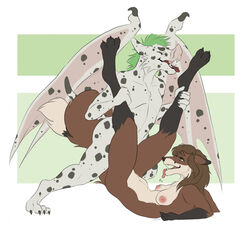 anthro breasts brown_hair canid canine canis chiropteran daldrat dalmatian dipstick_ears dipstick_tail domestic_dog duo female fox green_hair hair hybrid jacques_(bigbaddragon22) kindlekin legs_up male male/female mammal multicolored_ears multicolored_tail nipples open_mouth penetration piledriver_position rhea_gale sex simple_background spots tail_hug vaginal_penetration vaginal_penetration wings