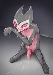 1boy black_body cum cum_on_body cum_on_face full_body grimm_(hollow_knight) hollow_knight horny humanoid kneeling licking_arm licking_cum male male_only naked nude nude_male nudity pink_penis red_body red_eyes red_penis red_sclera solo solo_male text tongue tongue_out twstacker video_games watermark