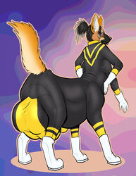 ambiguous_gender balls_outline boots bulge canid canine clothing detailed_bulge farorenightclaw footwear furry genital_outline gloves handwear hi_res hyper looking_back mammal maned_wolf multi_arm multi_limb penis_outline solo spandex standing taur tight_clothing