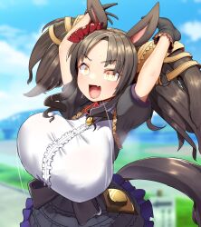 :d animal_ears arms_behind_head arms_up bell black_gloves blurry blurry_background blush bouncing_breasts breasts brown_hair cloud day female frills gloves highres horse_ears huge_breasts long_hair looking_at_viewer marvelous_sunday_(umamusume) oerba_yun_fang open_mouth orange_eyes outdoors shortstack skin_fang sky smile solo tyamame589 umamusume yellow_eyes