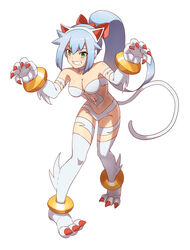 ashe_(megaman_zx) blue_hair bracelet capcom cat_ears cat_tail catgirl claws darkstalkers felicia felicia_(cosplay) felicia_(darkstalkers) green_eyes long_hair looking_at_viewer medium_breasts mega_man mega_man_zx paws ponytail saito_kun_exe shoutaro_saito smile vampire_savior white_fur