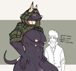 2021 abs anthro anubian_jackal black_body black_fur blue_eyes bottomless camo canid canine canis clothed clothing duo english_text fur genitals hi_res hoodie human jackal looking_at_viewer male male_only mammal multi_nipple muscular muscular_male navel nipples osahar_(securipun) pecs penis securipun simple_background text topwear topwear_only yellow_body yellow_fur