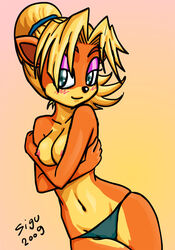 1girls 2009 anthro artist_signature bandicoot bikini blush breasts coco_bandicoot color crash_(series) crash_mind_over_mutant exposed_breasts eyes_half_open eyeshadow female female_only fur furry furry_breasts furry_only gradient_background half-closed_eyes hips mammal marsupial navel sigu skindentation solo topless two_tone_fur