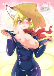 animal_ears blonde_hair blush bodysuit breasts catsuit fox_ears fox_tail ikuta_takanon large_breasts latex long_hair multiple_tails nipples ran_yakumo short_hair tail torn_bodysuit torn_clothes touhou undressing yellow_eyes yukari_yakumo