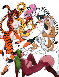 anthro breasts feline female fur furry group_sex handjob horn male nude orgy penis pink_hair plain_background red_hair sex straight tierafoxglove tiger unknown_species white_background white_tider