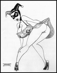 1girls ass babydoll batman:_the_animated_series batman_(series) big_breasts dc dc_comics dcau female female_only harley_quinn harley_quinn_(classic) high_heels huge_breasts human monochrome nipples pussy see-through_clothing solo zeus(artist)