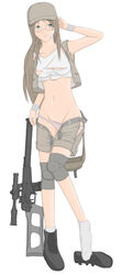 armed bandage fio_germi glasses green_eyes gun knee_pads long_hair metal_slug midriff navel nipple_slip nipples one_shoe panties rifle single_shoe sniper_rifle snk torn_clothes underwear vss vss_vintorez weapon