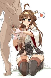 1boy 1girls :q ahoge blue_eyes blush brown_hair censored clothed_female_nude_male dark-skinned_male dark_skin detached_sleeves double_bun female gloved_handjob gloves handjob headgear heart heart-shaped_pupils kantai_collection kneeling kongou_(kantai_collection) light-skinned_female light_skin long_hair momio nontraditional_miko panties penis pink_gloves simple_background skirt small_penis small_penis_adoration spoken_heart symbol-shaped_pupils thick_thighs thighhighs three-finger_handjob tongue tongue_out underwear white_background white_panties wide_hips