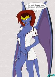 1girls blue-skinned_female blue_skin demona disney fab fab3716 female female_only french_text gargoyles humanoid mature mature_female nipples nurse slutty_nurse solo syringe tagme wings