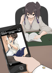 1boy 1girls black_legwear blush book breasts brown_hair cellphone cellphone_picture cleavage fellatio female juxtaposition kaga_(kantai_collection) kantai_collection momio oral phone phone_screen photo photo_comparison pov ruined_reputation side_ponytail sitting spread_legs thighhighs