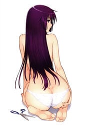 1girls ass_grab bakemonogatari barefoot blue_eyes butt_crack dimples_of_venus feet female female_only from_behind highres kneeling long_hair looking_back monogatari_(series) panties purple_hair scan scan_artifacts scissors senjougahara_hitagi soles solo taka_tony toes topless underwear white_panties