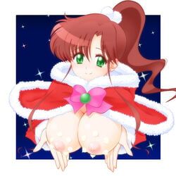 1girls bishoujo_senshi_sailor_moon breast_hold breasts brown_hair brunette cape christmas female female_only green_eyes large_breasts makoto_kino nipples ponytail sandalnyan smile solo tied_hair