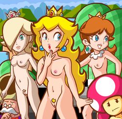 1boy 4girls :t accurate_art_style alcnx beige_skin blonde_hair blue_eyes breasts brown_hair collar crown cyan_eyes earrings erect_nipples female flower_earrings hair_over_one_eye human jewelry lips lipstick long_hair looking_at_viewer looking_to_the_side male mario_(series) moustache multiple_females multiple_girls navel nintendo nipples nude official_style pale_skin platinum_blonde_hair princess_daisy princess_peach princess_rosalina pubic_hair pussy shoulder_length_hair star-shaped_pubic_hair star_earrings straight_hair super_mario_bros. super_princess_peach teeth thighs toadette toadsworth