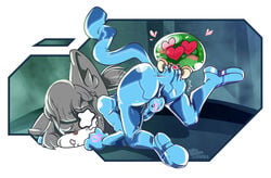 2018 alternate_version_available anthro ass ass_biting backsack bulge femboy fur furry leo_(vg_cats) male_only metroid_(creature) official_art penis ponytail vg_cats zero_suit