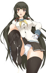 black_hair black_legwear breasts cowboy_shot cum cum_on_clothes female gloves hand_on_hip isokaze_(kantai_collection) kantai_collection leg_up looking_at_viewer momio open_mouth panties payot red_eyes school_uniform serafuku simple_background skirt solo thighhighs underwear white_background white_gloves white_panties