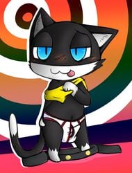 anthro atlus black_body black_fur blep blue_eyes blush briefs chibi clothing domestic_cat felid feline felis fur hi_res male male_focus male_only mammal megami_tensei megami_tensei_persona morgana_(persona) shortstack solo solo_male tighty_whities tongue tongue_out underwear video_games white_clothing white_underwear yosshidoragon