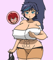 2girls abs alternate_version_available asian ass_expansion bandage_on_face bandage_on_nose blush breast_expansion dark_blue_hair exposed_panties holding_bra holding_breast huge_breasts jun_hyun_soo_(writers_crusaders) kim_han_yi_(writers_crusaders) korean multiple_girls nose_bleed ponytail red_hair solo_focus tanned_skin thick_thighs thigh_expansion tomboy torn_clothes torn_clothing wcjuan writers_crusaders