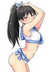 arched_back armpits arms_up bare_arms bikini black_hair blush breasts earrings female ganaha_hibiki green_eyes hair_ornament hair_ribbon half-closed_eyes high_resolution hoop_earrings idolmaster idolmaster_(classic) in_profile jewelry long_hair looking_at_viewer medium_breasts navel polka_dot_bikini ponytail ribbon sailor_bikini sailor_collar sailor_swimsuit_(idolmaster) simple_background solo stomach swimsuit tagme tied_hair tsurui white_background white_bikini white_ribbon white_swimsuit