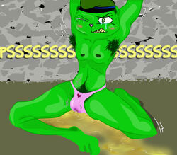 anthro armpit_hair blush bodily_fluids body_hair clothed clothing crossdressing crying dungeon flippy_(htf) genital_fluids hairy happy_trail happy_tree_friends humiliation illegaleel male male_only mammal mostly_nude panties peeing peeing_panties pubes puddle shaking solo solo_male sound_effects tears text underwear urine urine_pool urine_stream ursid wetting what